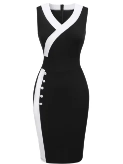 Best Retro Stage & White 1960s Button V-Neck Patchwork Dress Black