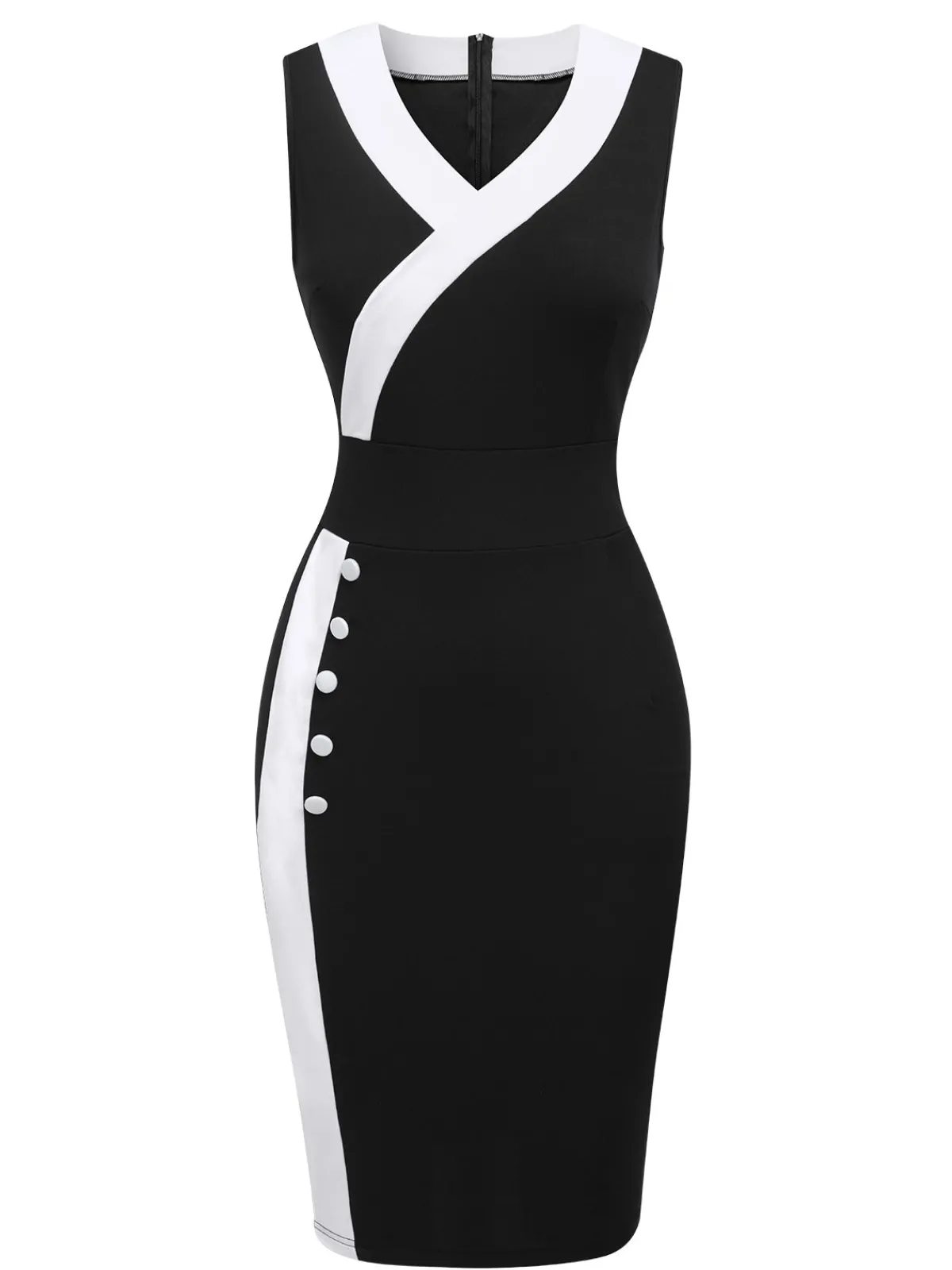 Best Retro Stage & White 1960s Button V-Neck Patchwork Dress Black