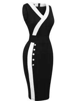 Best Retro Stage & White 1960s Button V-Neck Patchwork Dress Black