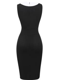 Best Retro Stage & White 1960s Button V-Neck Patchwork Dress Black
