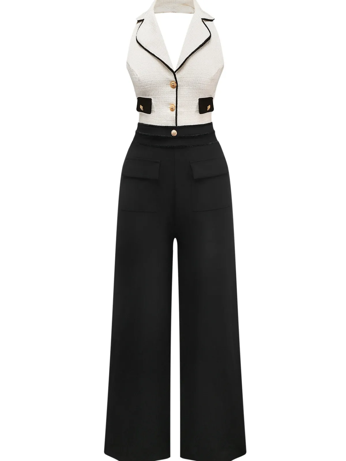 Fashion Retro Stage & White 1930s Contrast Notched Collar Jumpsuit Black