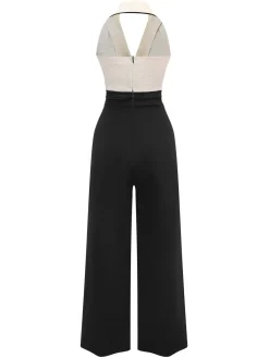 Fashion Retro Stage & White 1930s Contrast Notched Collar Jumpsuit Black