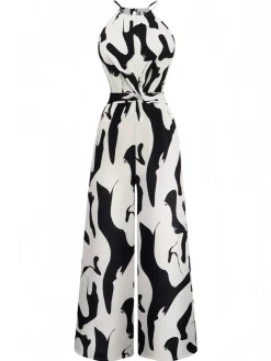 Outlet Retro Stage 1940s Cow Skin Halter Jumpsuit Black & White