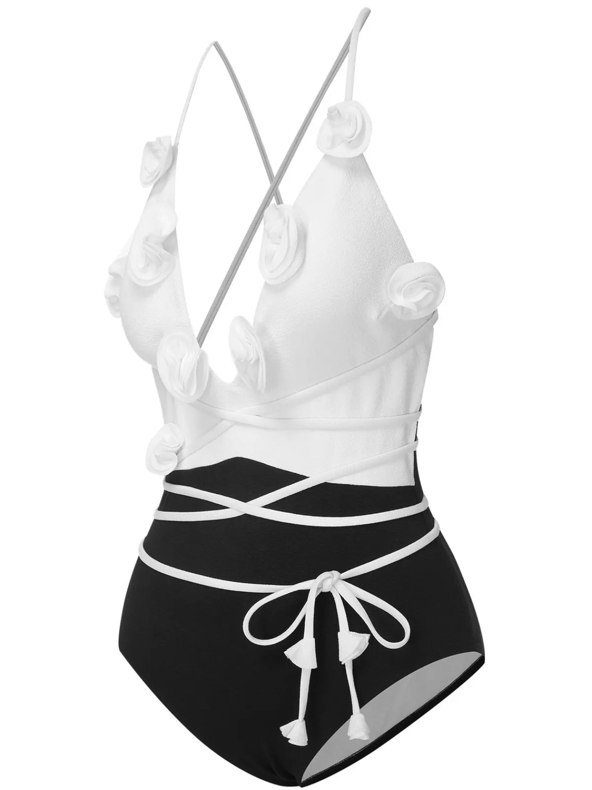 Outlet Retro Stage 1950s 3D Flowers Lace-Up Swimsuit Black & White
