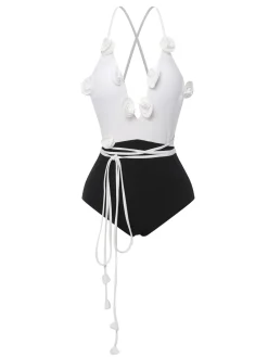 Outlet Retro Stage 1950s 3D Flowers Lace-Up Swimsuit Black & White