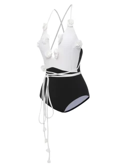 Outlet Retro Stage 1950s 3D Flowers Lace-Up Swimsuit Black & White