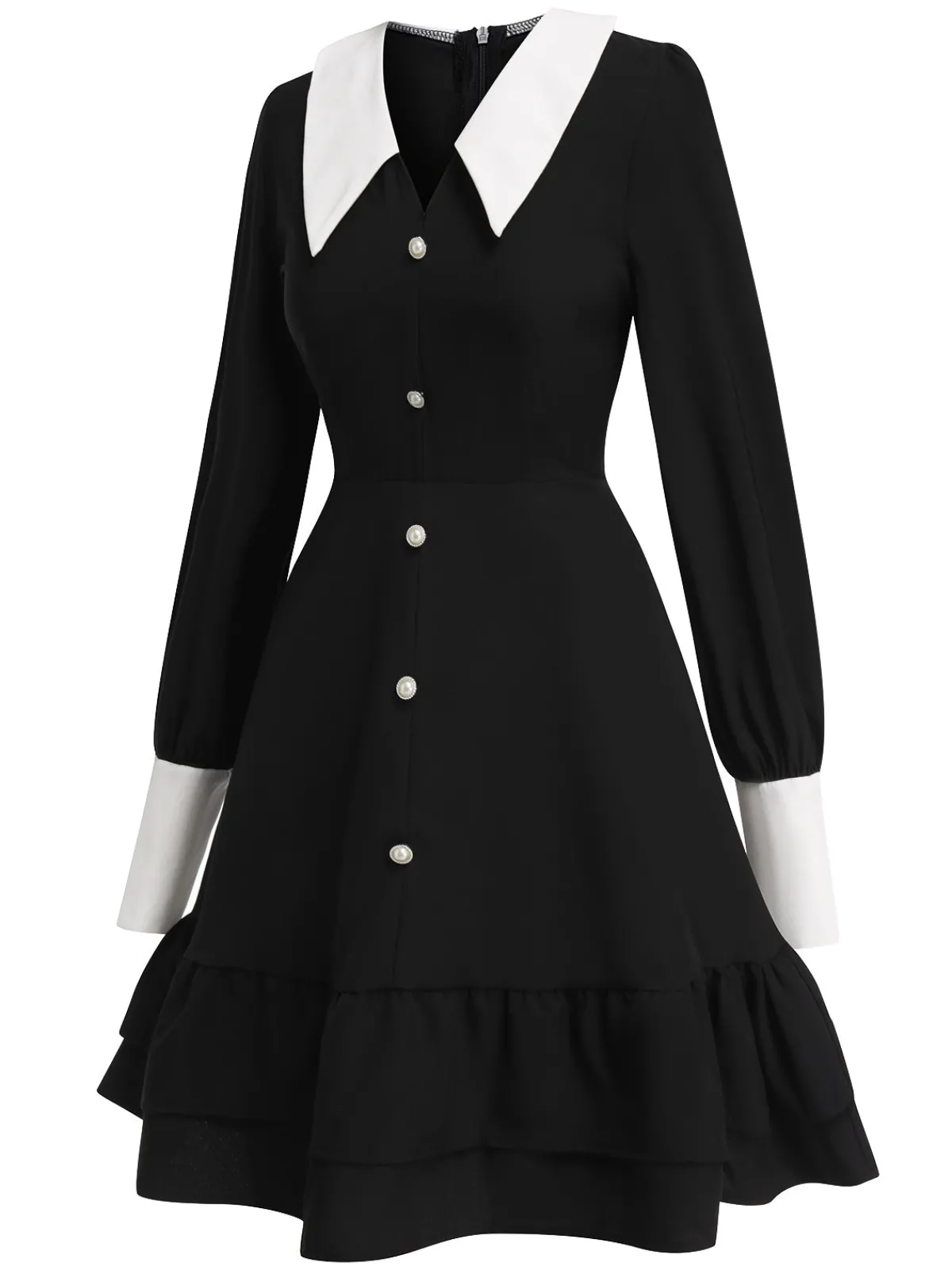 Online Retro Stage & White 1960s Doll Collar Skater Dress Black