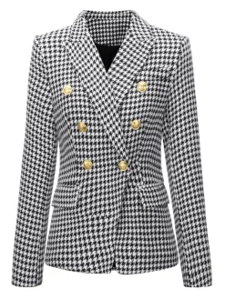 Fashion Retro Stage & White 1950s Double Breasted Houndstooth Blazer Black