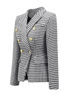 Fashion Retro Stage & White 1950s Double Breasted Houndstooth Blazer Black