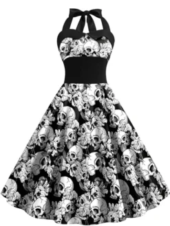 Discount Retro Stage 1950s Halloween Skull Halter Dress Black & White