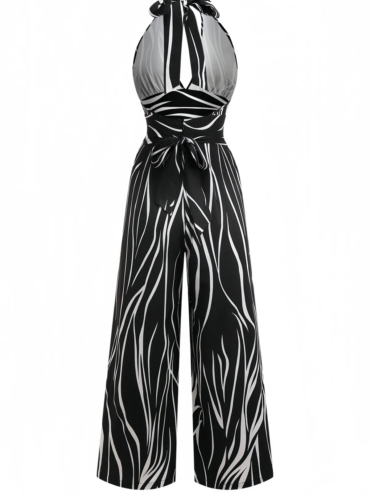 Online Retro Stage & White 1930s Irregular Print Halter Jumpsuit Black