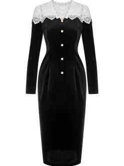 Best Retro Stage & White 1960s Lapel Patchwork Velvet Dress Black