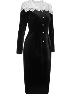 Best Retro Stage & White 1960s Lapel Patchwork Velvet Dress Black