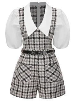 Clearance Retro Stage 1970s Lapel Plaid Belted Romper Black & White