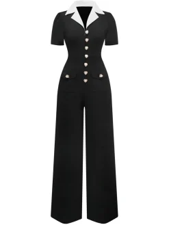 Discount Retro Stage & White 1930s Notched Collar Buttoned Jumpsuit Black