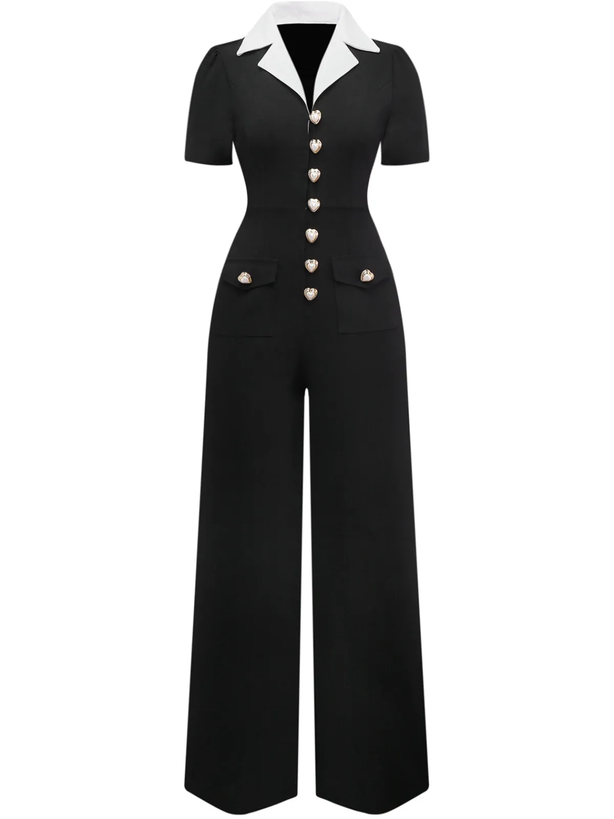 Discount Retro Stage & White 1930s Notched Collar Buttoned Jumpsuit Black