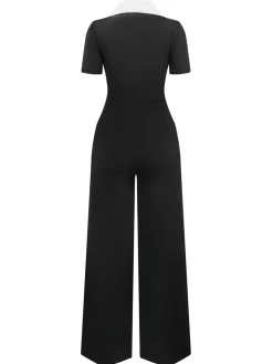 Discount Retro Stage & White 1930s Notched Collar Buttoned Jumpsuit Black