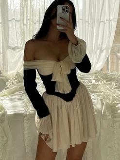 Clearance Retro Stage & White 1950s Off-Shoulder Skater Dress Black