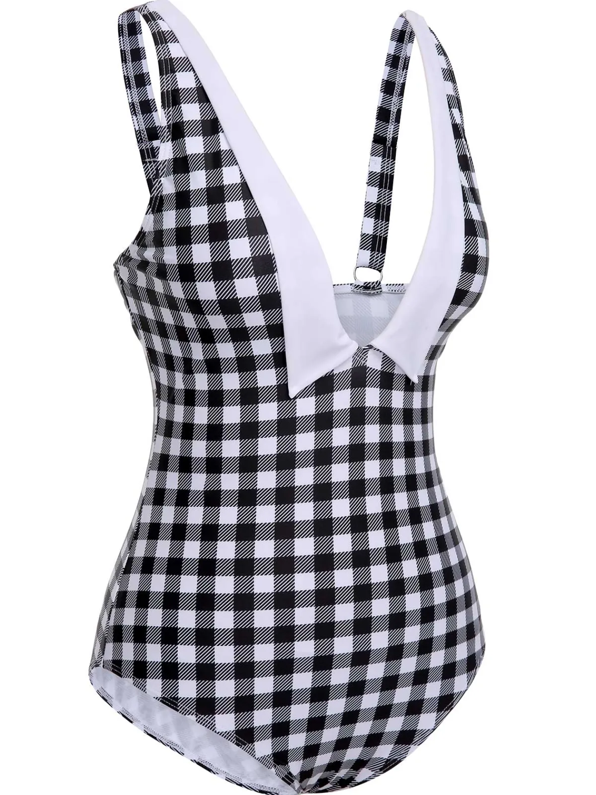 Discount Retro Stage & White 1950s Plaid One-Piece Swimsuit Black