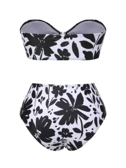 Hot Retro Stage & White 1950s Plants Silhouette Bandeau Bikini Black