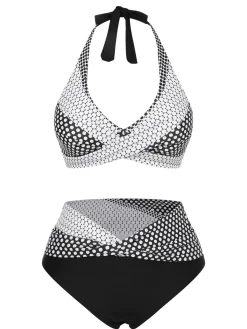 Hot Retro Stage & White 1950s Polka Dot Halter Swimsuit Black