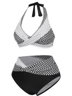Hot Retro Stage & White 1950s Polka Dot Halter Swimsuit Black