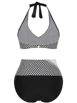 Hot Retro Stage & White 1950s Polka Dot Halter Swimsuit Black