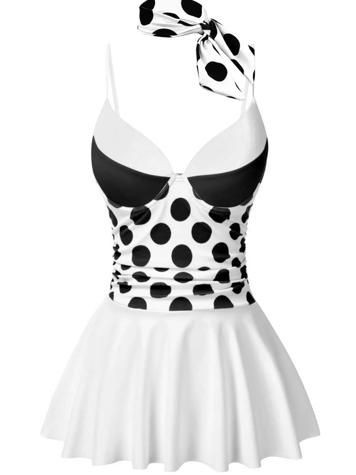 Outlet Retro Stage 1940s Polka Dots Patchwork Swimsdress Black & White
