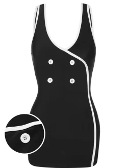 Online Retro Stage 1960s Solid Contrast Binding Swimsuit Black & White
