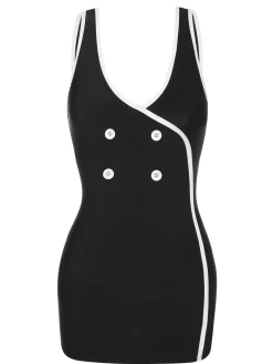Online Retro Stage 1960s Solid Contrast Binding Swimsuit Black & White