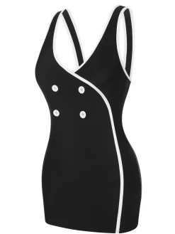 Online Retro Stage 1960s Solid Contrast Binding Swimsuit Black & White