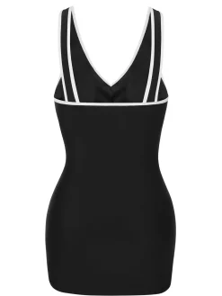 Online Retro Stage 1960s Solid Contrast Binding Swimsuit Black & White