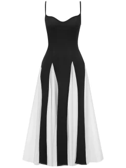 Discount Retro Stage & White 1930s Solid Patchwork Maxi Dress Black