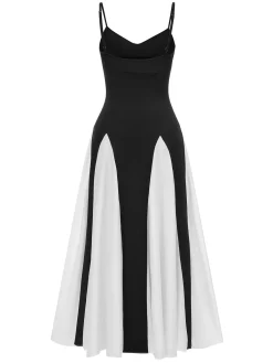 Discount Retro Stage & White 1930s Solid Patchwork Maxi Dress Black