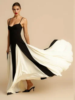 Discount Retro Stage & White 1930s Solid Patchwork Maxi Dress Black