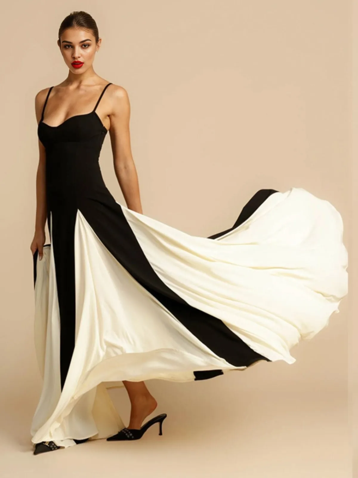 Discount Retro Stage & White 1930s Solid Patchwork Maxi Dress Black
