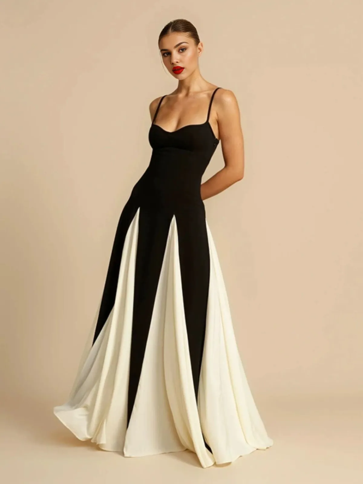 Discount Retro Stage & White 1930s Solid Patchwork Maxi Dress Black