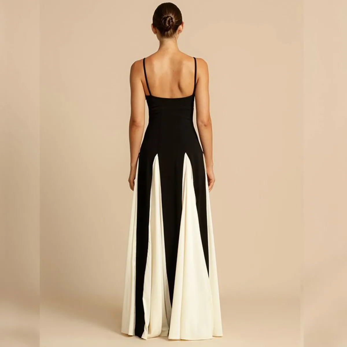 Discount Retro Stage & White 1930s Solid Patchwork Maxi Dress Black