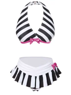 Sale Retro Stage 1950s Stripe Bow Halter Bikini Black & White