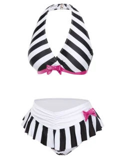 Sale Retro Stage 1950s Stripe Bow Halter Bikini Black & White