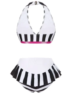 Sale Retro Stage 1950s Stripe Bow Halter Bikini Black & White