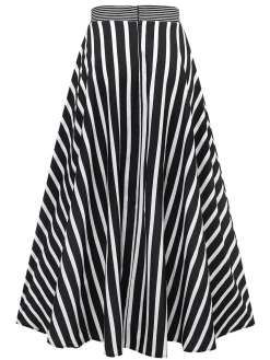 New Retro Stage 1930s Striped High Rise Long Skirt Black & White