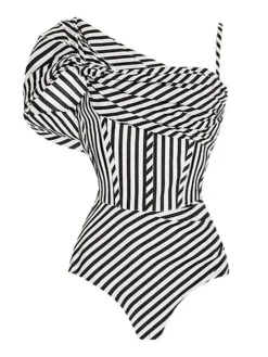 New Retro Stage Black & White 1930s Striped One-Piece Swimsuit Black&White