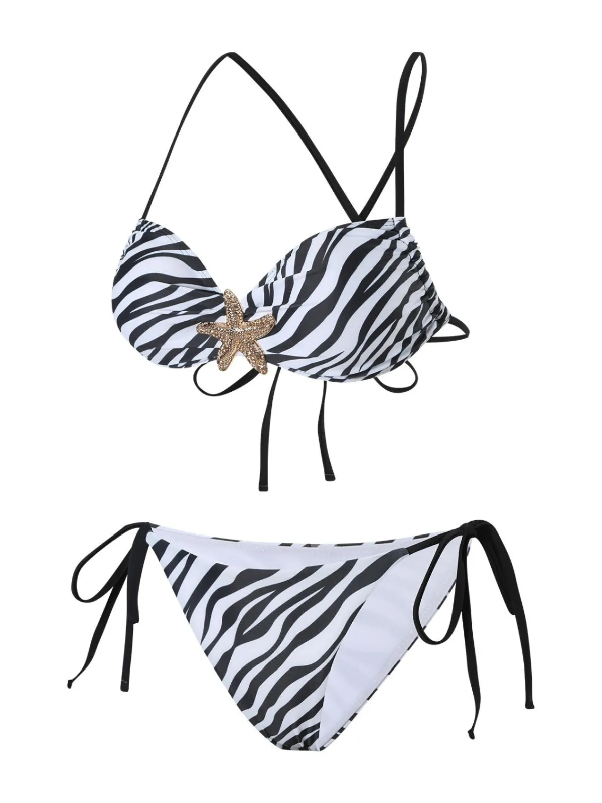 Outlet Retro Stage 1950s Zebra Stripes Starfish Bikini Set Black & White