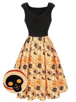 Clearance Retro Stage 1950s Pumpkin Bat Spider Dress Black & Yellow