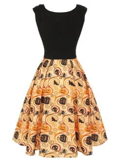 Clearance Retro Stage 1950s Pumpkin Bat Spider Dress Black & Yellow