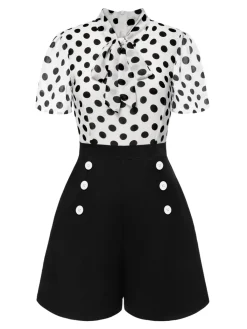 Discount Retro Stage And White 1950s Polka Dot Collared Romper Black