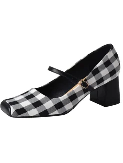 Discount Retro Stage Gingham Plaid Square Toe Chunky Heels Black