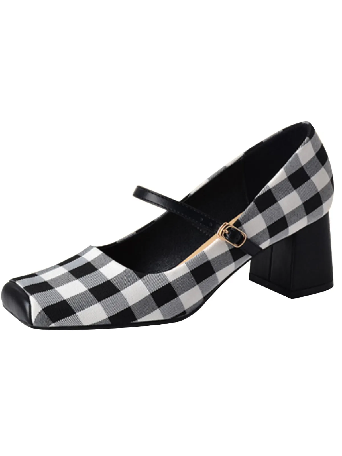 Discount Retro Stage Gingham Plaid Square Toe Chunky Heels Black