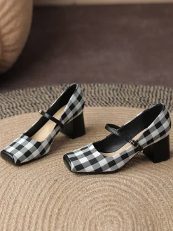Discount Retro Stage Gingham Plaid Square Toe Chunky Heels Black